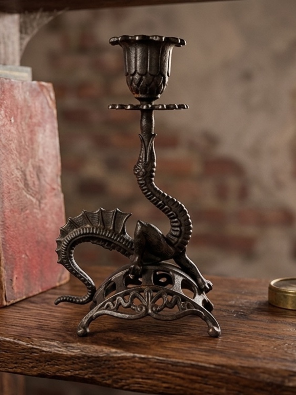 Vintage cast iron Dragon Candle Holder - Black